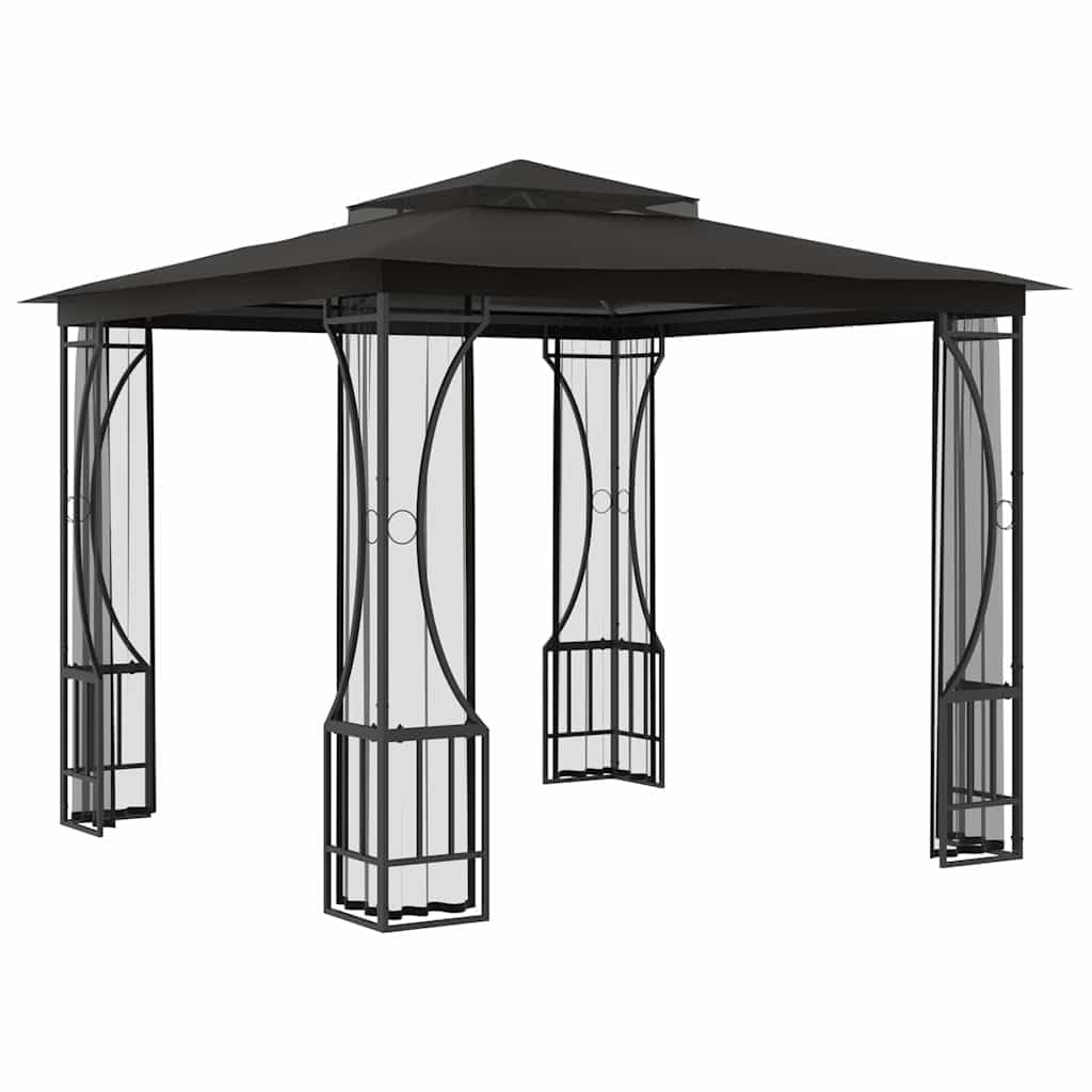 Steel Frame Outdoor Gazebo with Nets 9.8x9.8x8.7 ft, Anthracite Party Tent with Detachable Drapes T791877