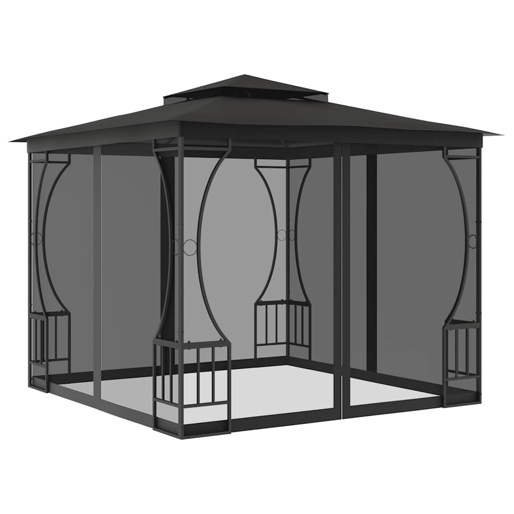 Steel Frame Outdoor Gazebo with Nets 9.8x9.8x8.7 ft, Anthracite Party Tent with Detachable Drapes T791877