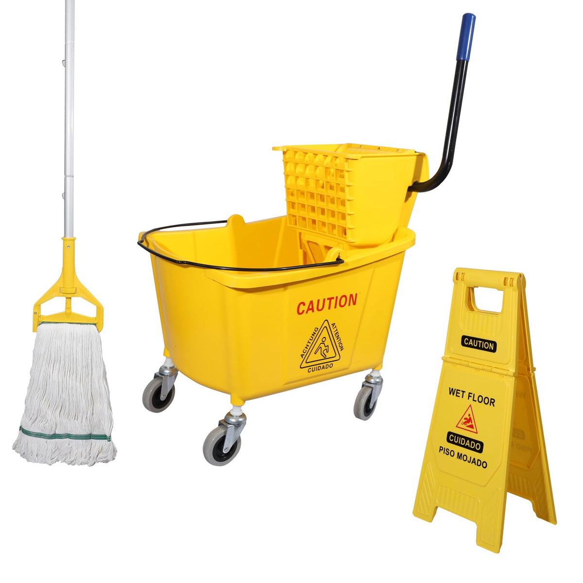 Commercial Mop Bucket with Wringer on Wheels, 35 Quart, Yellow W78230