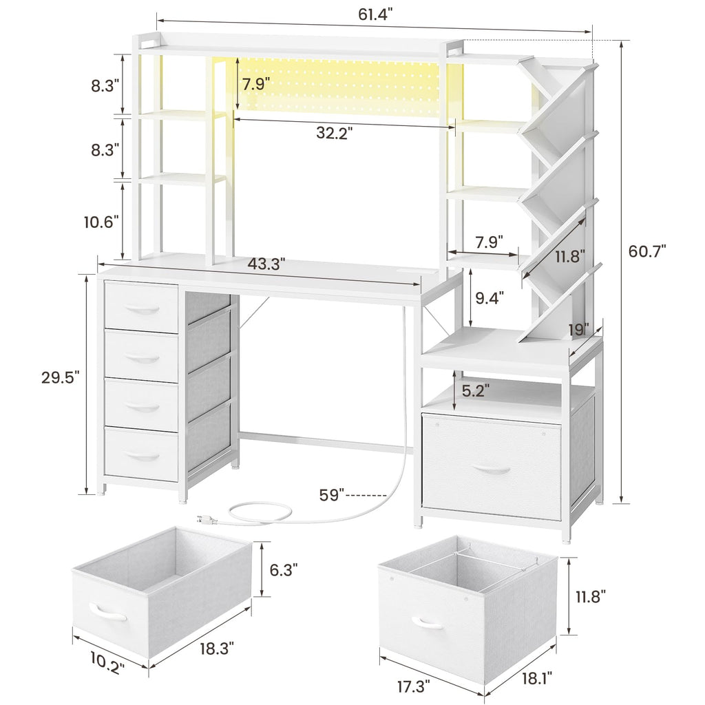 61.4" Computer Desk with Bookshelf, 5 Drawers, Hutch, Outlet, LED Z633