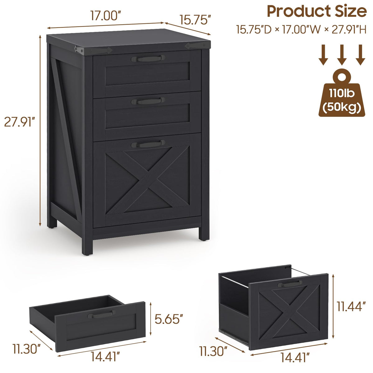 Black 3 Drawer File Cabinet W457069