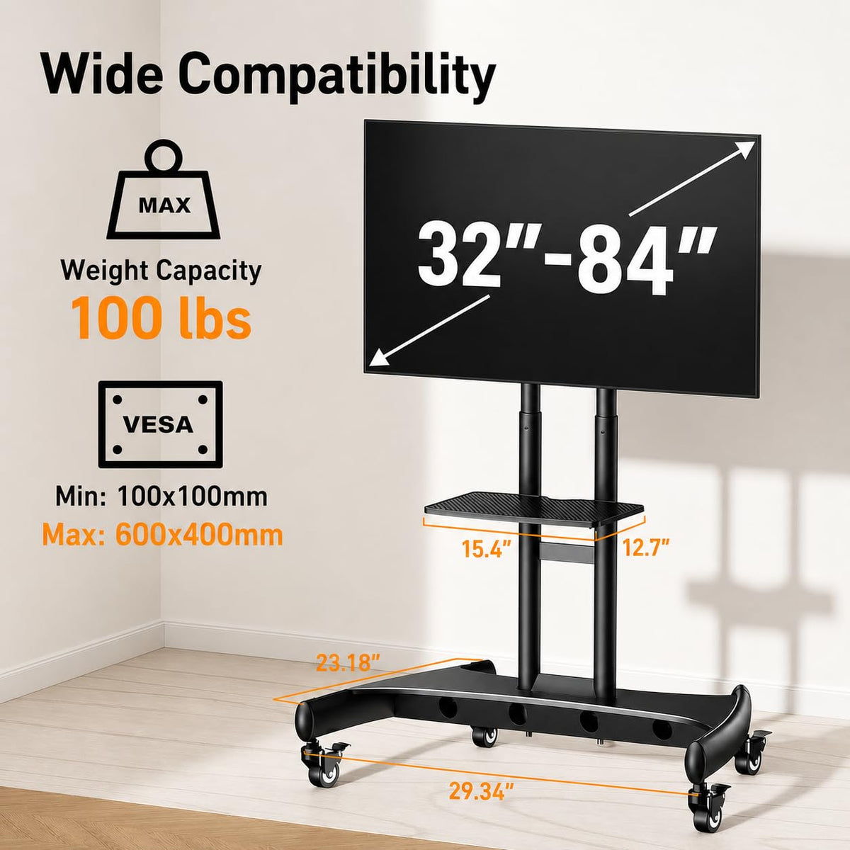 Rolling TV Stand for 32-84 Inch TV, Adjustable Height with Wheels P475593