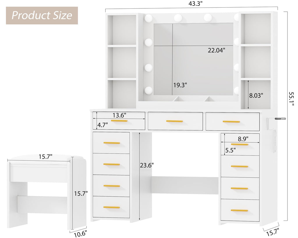 11 Drawer Makeup Vanity Desk with Mirror and Lights, Stool W481631