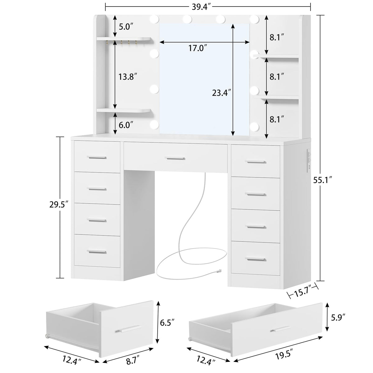 White Vanity Desk with Mirror and Lights, 9 Drawers, Outlet E1094