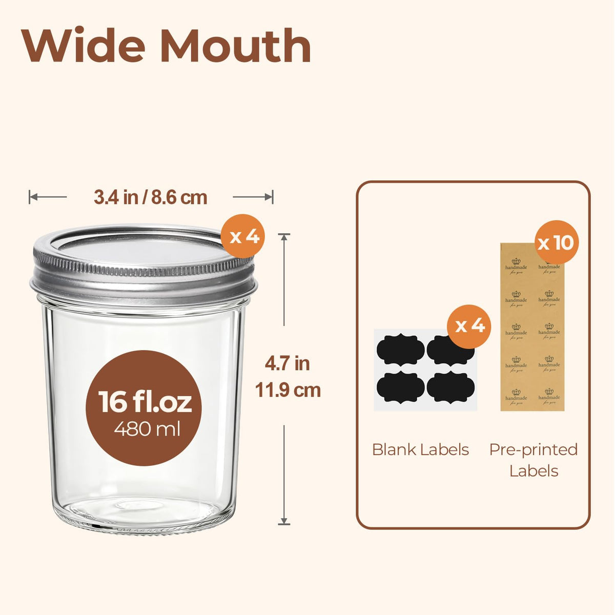 16 oz Wide Mouth Mason Jars 4 Pack V10625