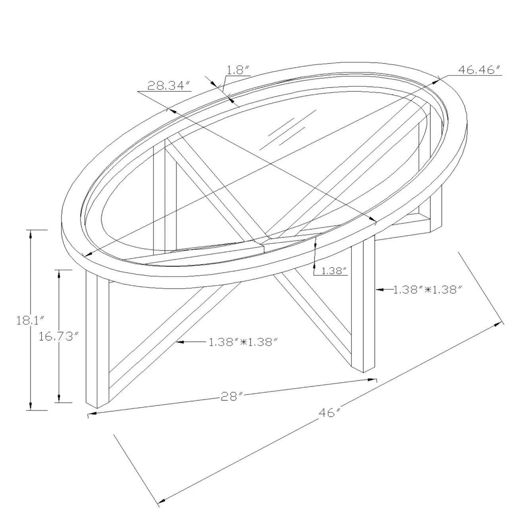 46" Oval Glass Coffee Table with Tempered Glass Top and Wood Base E908