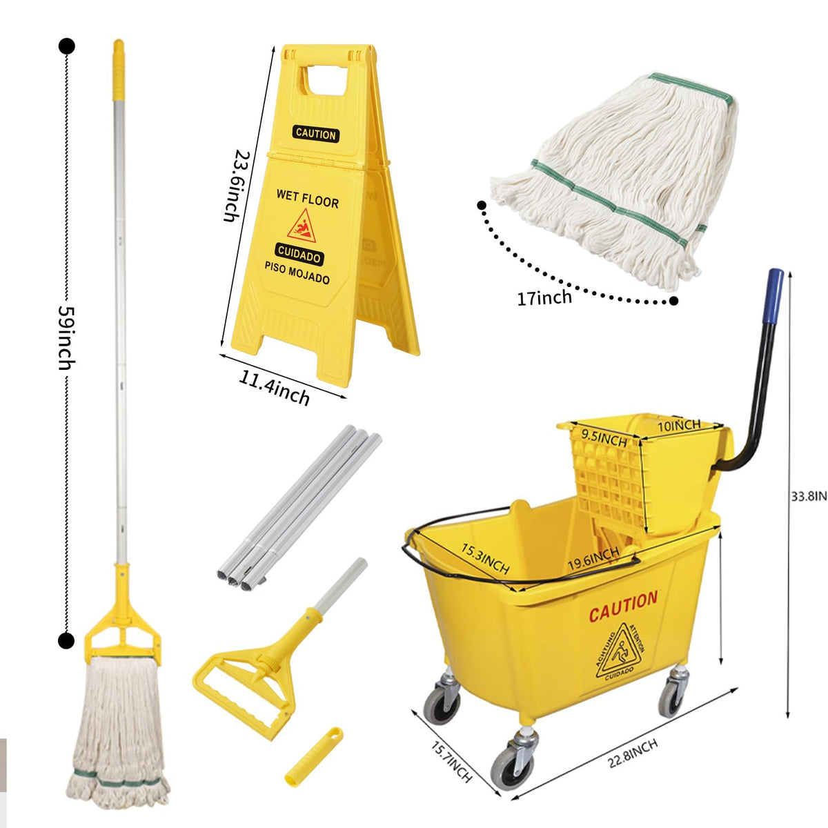 Commercial Mop Bucket with Wringer on Wheels, 35 Quart, Yellow W78230