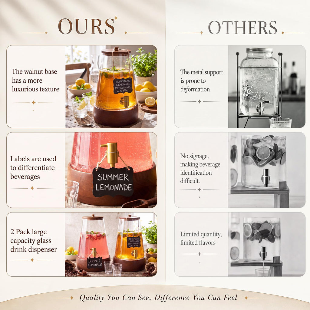 2 Sets 2 Gallon Glass Drink Dispenser with Wooden Base Stand E724