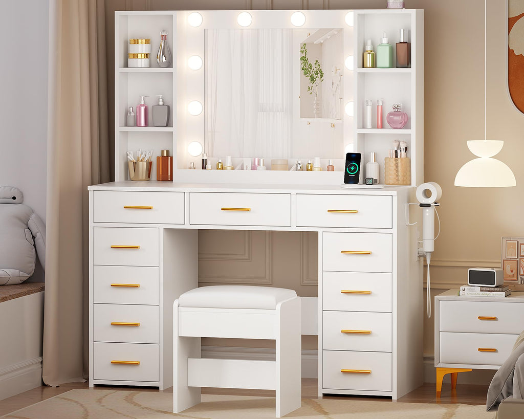 11 Drawer Makeup Vanity Desk with Mirror and Lights, Stool W481631