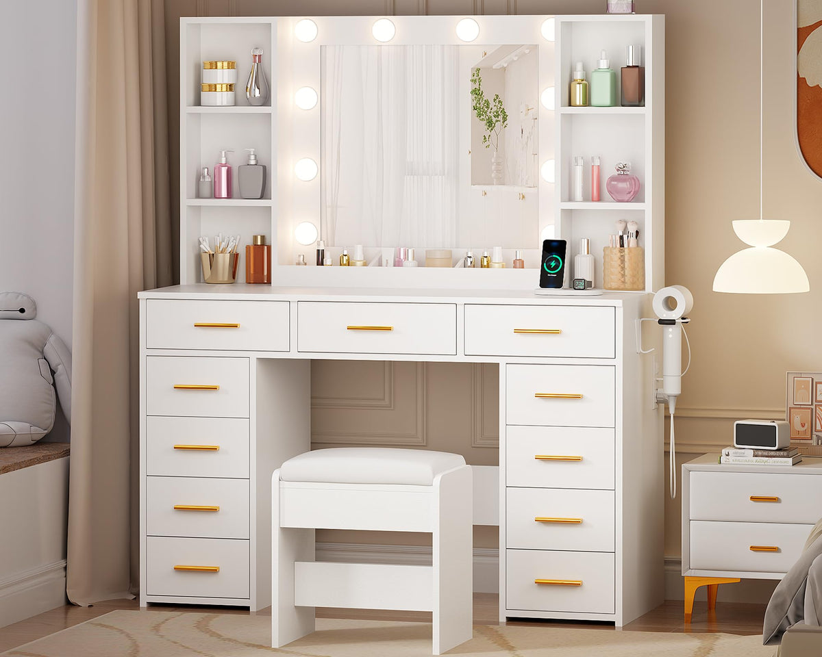 11 Drawer Makeup Vanity Desk with Mirror and Lights, Stool W481631