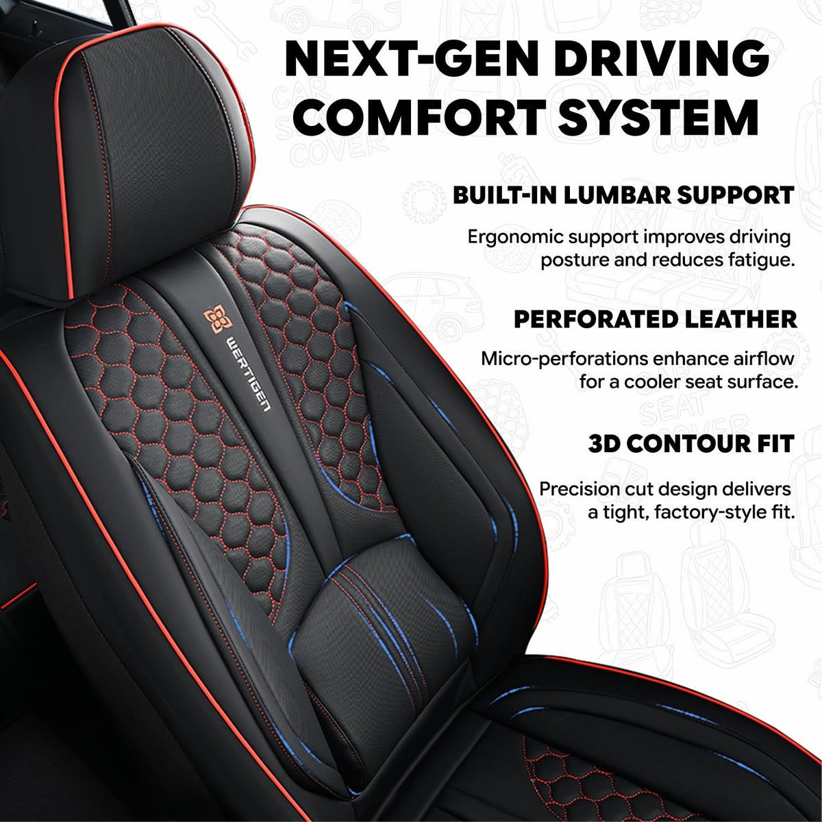 Black and Red Leather Car Seat Cover Set with Lumbar Support L472