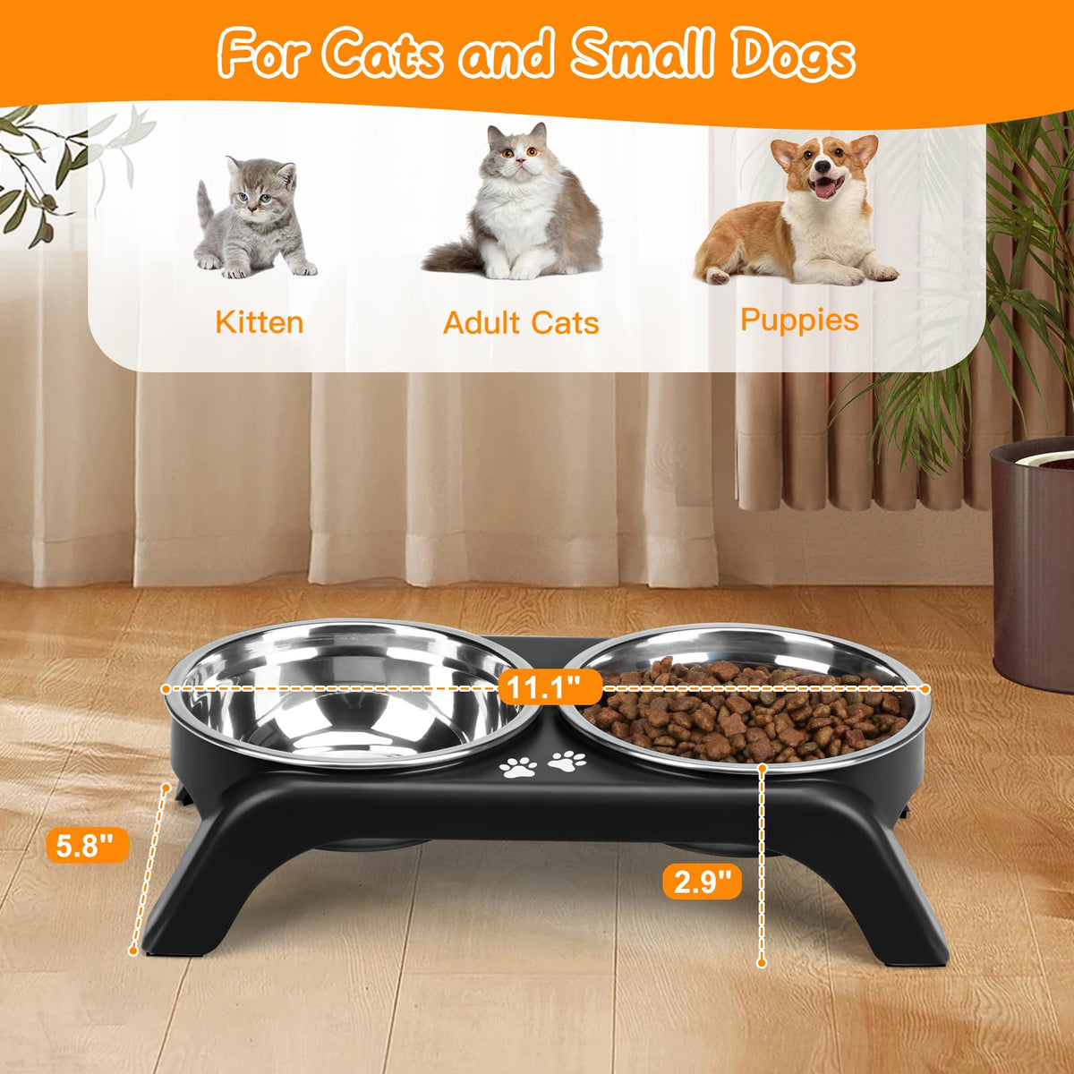 Elevated Dog Bowls with 5” Stainless Steel Bowls Black Q7720