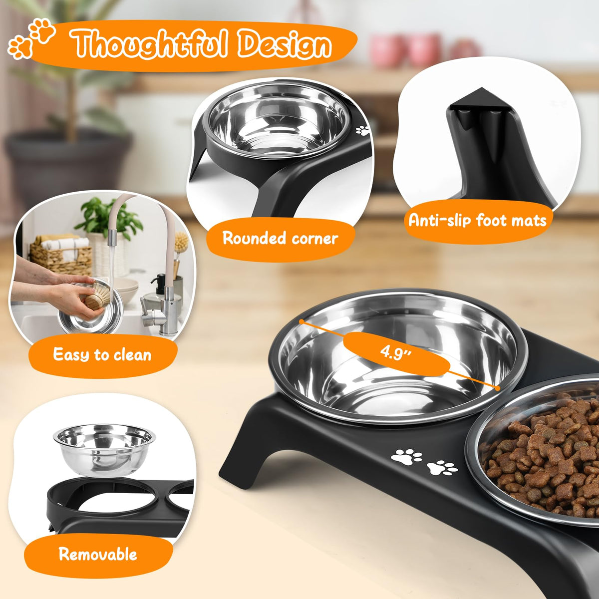Elevated Dog Bowls with 5” Stainless Steel Bowls Black Q7720