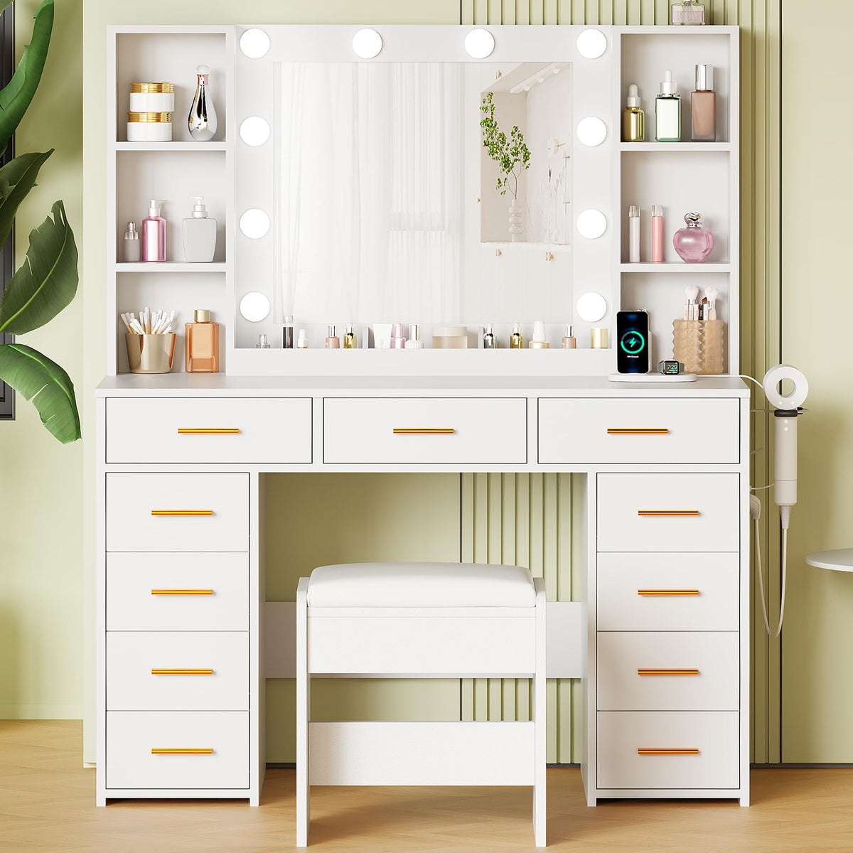 11 Drawer Makeup Vanity Desk with Mirror and Lights, Stool W481631