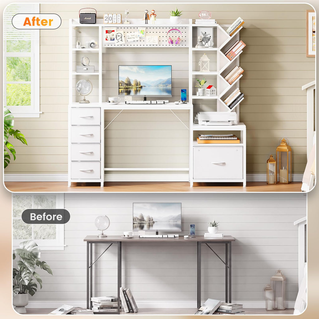 61.4" Computer Desk with Bookshelf, 5 Drawers, Hutch, Outlet, LED Z633