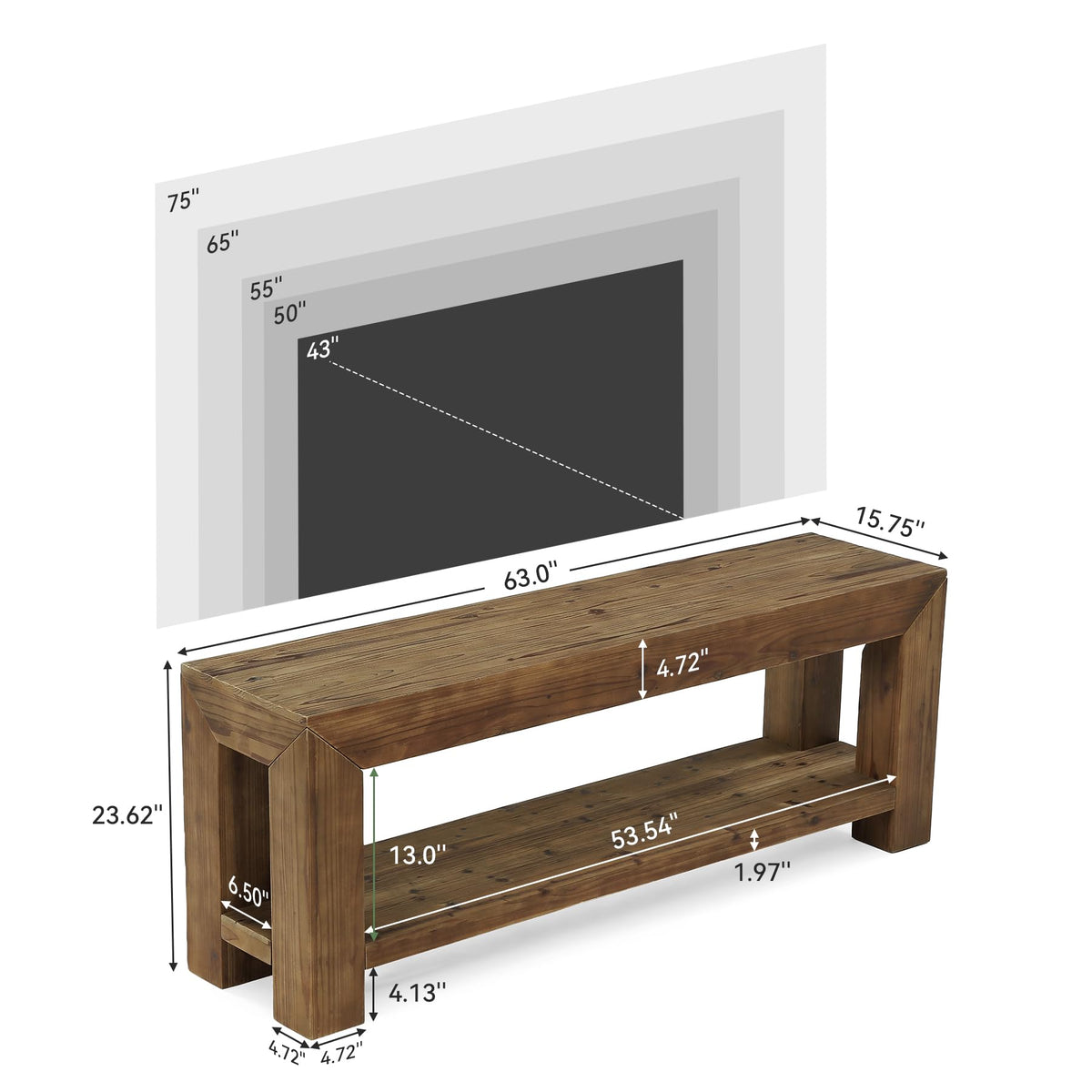 Solid Wood 63" TV Stand with Open Storage Shelves K567992