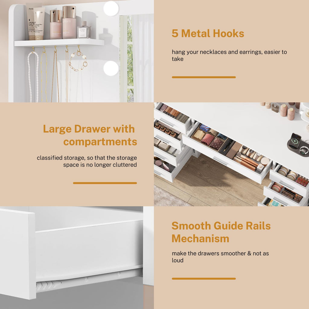 White Vanity Desk with Mirror and Lights, 9 Drawers, Outlet E1094