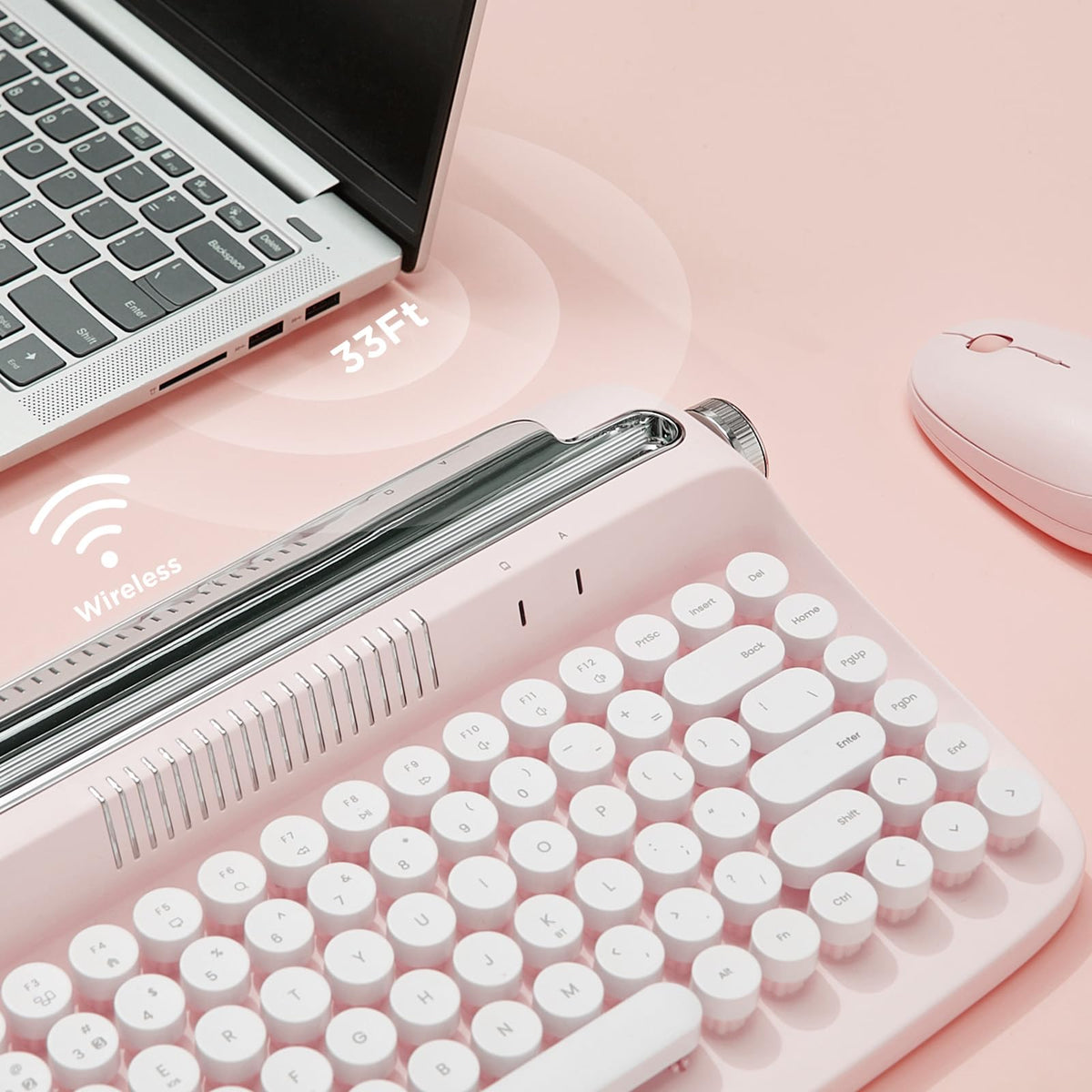 Wireless Retro Typewriter Bluetooth Keyboard Baby Pink Y53080