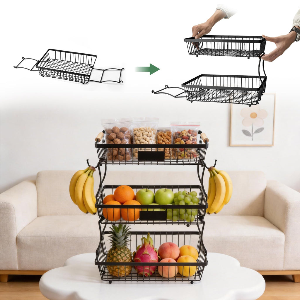 3 Tier Black Mesh Fruit Basket with 2 Banana Hangers G1700