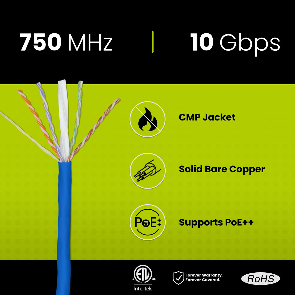 Cat6A Plenum Bulk Ethernet Cable 1000ft Blue 23AWG Bare Copper O65265