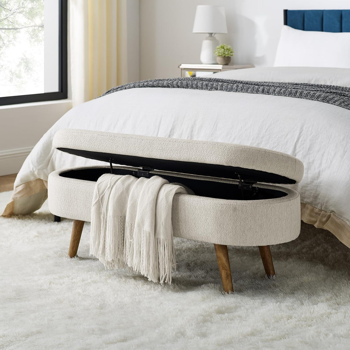 Beige Oval Storage Ottoman Bench with Rubber Wood Legs K166