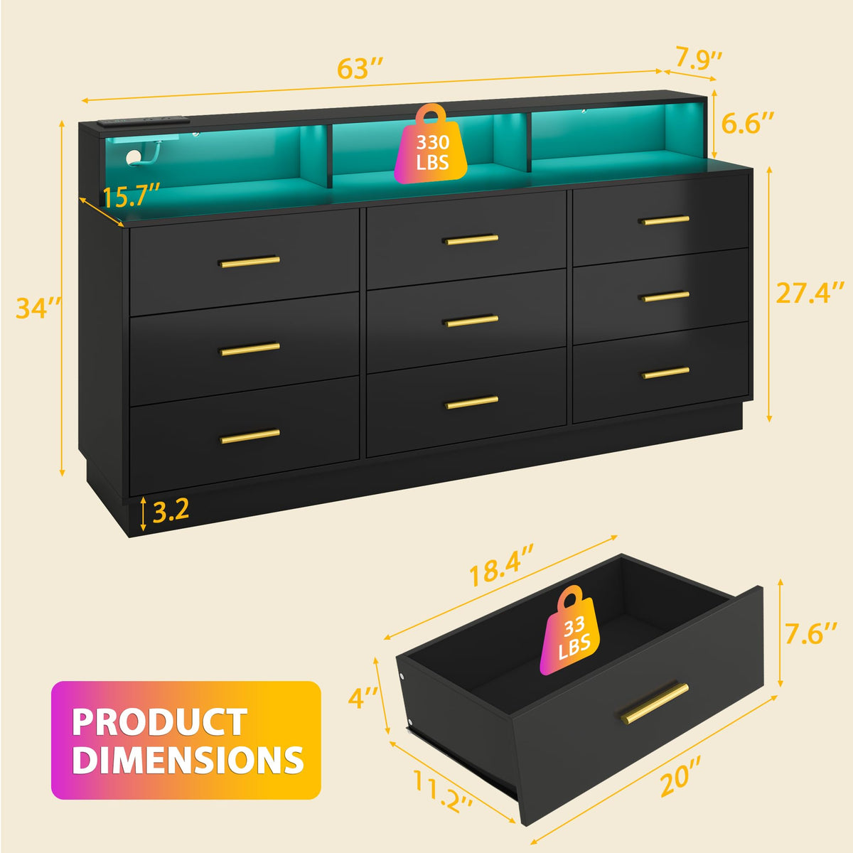 Black 9 Drawer Wood Dresser V290768