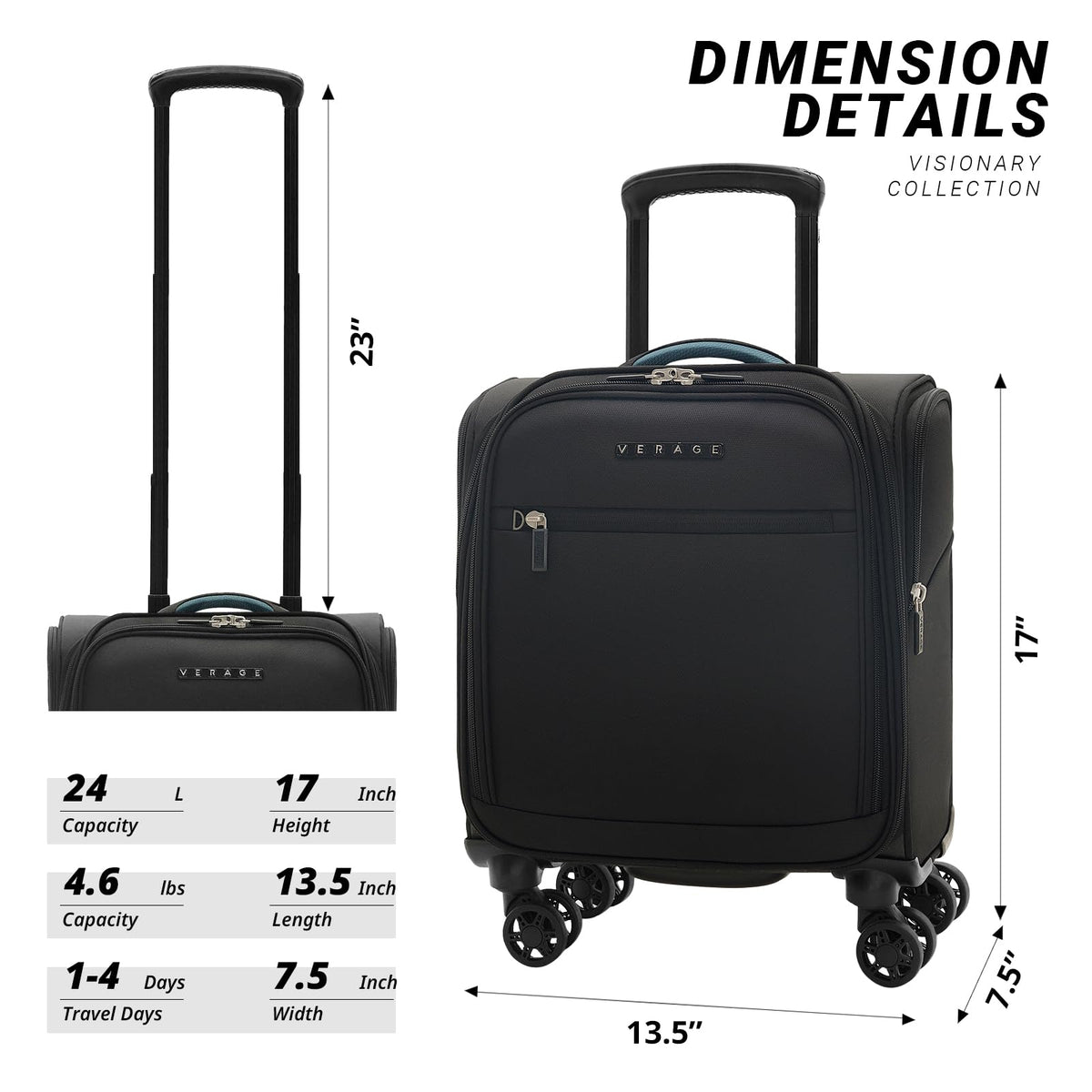 14 inch Black Softside Underseat Carry On Luggage with Wheels N224