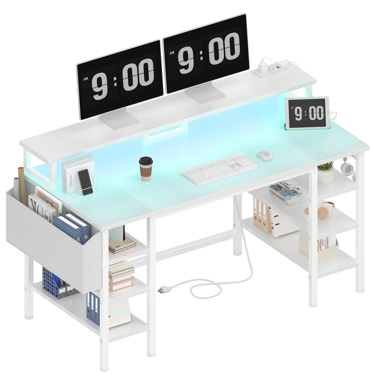 White Desk with Storage Shelves and Power Outlets V955974