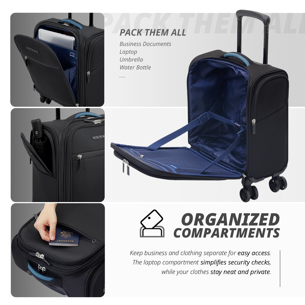 14 inch Black Softside Underseat Carry On Luggage with Wheels N224
