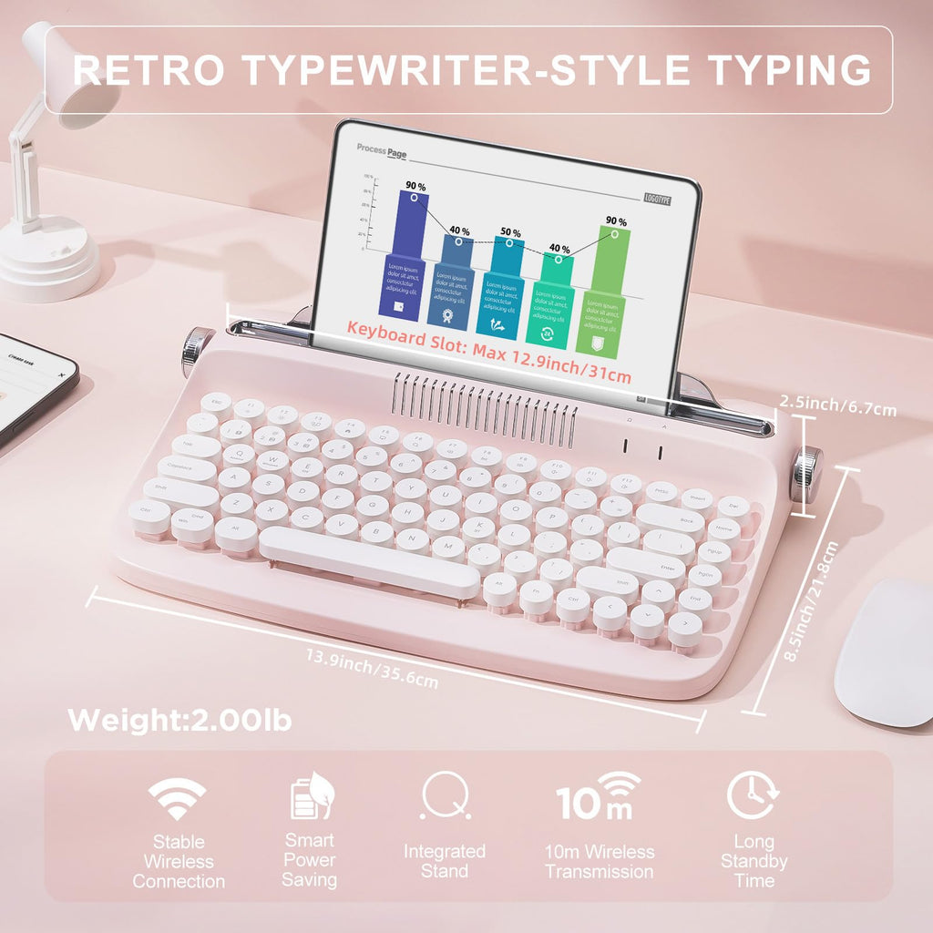 Wireless Retro Typewriter Bluetooth Keyboard Baby Pink Y53080