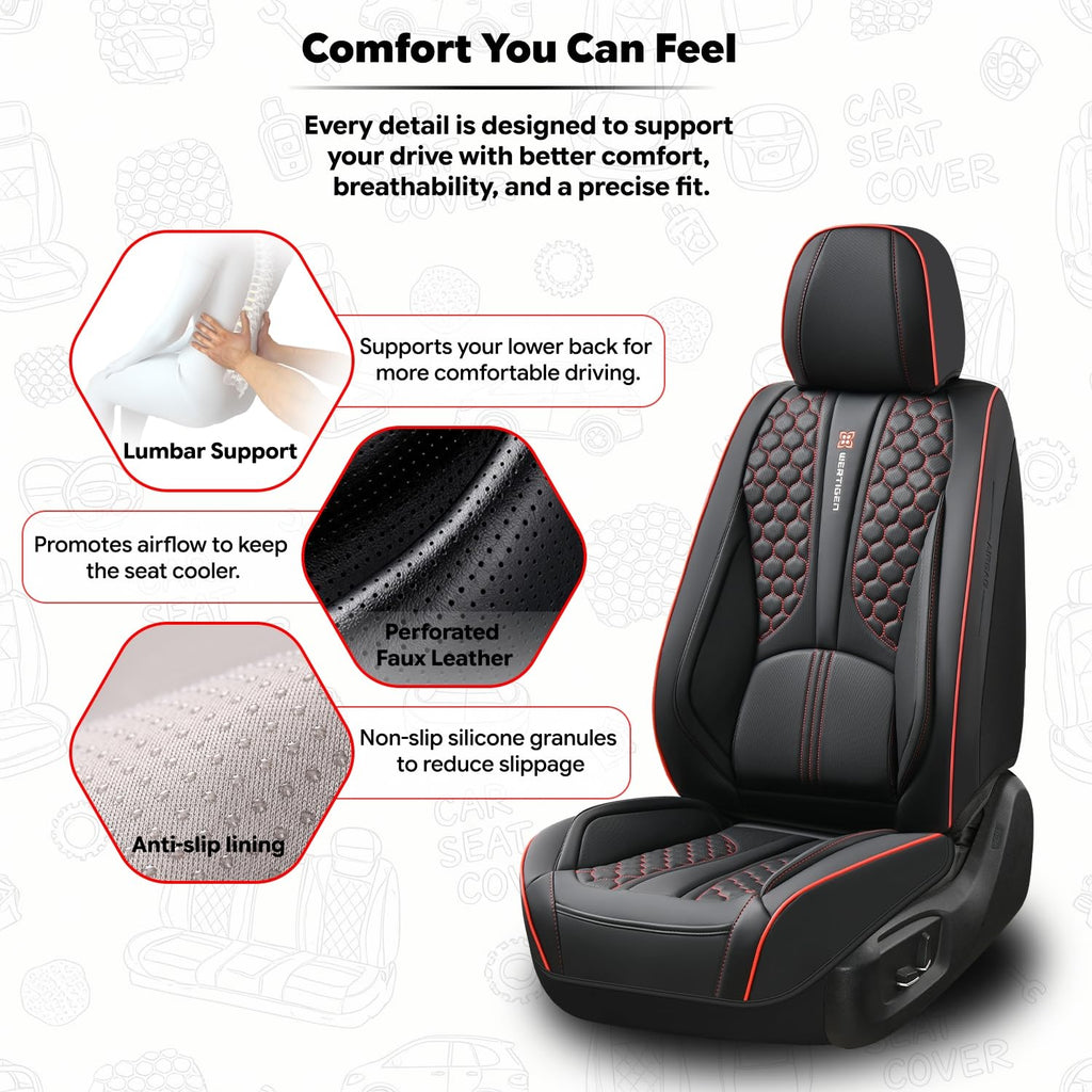 Black and Red Leather Car Seat Cover Set with Lumbar Support L472