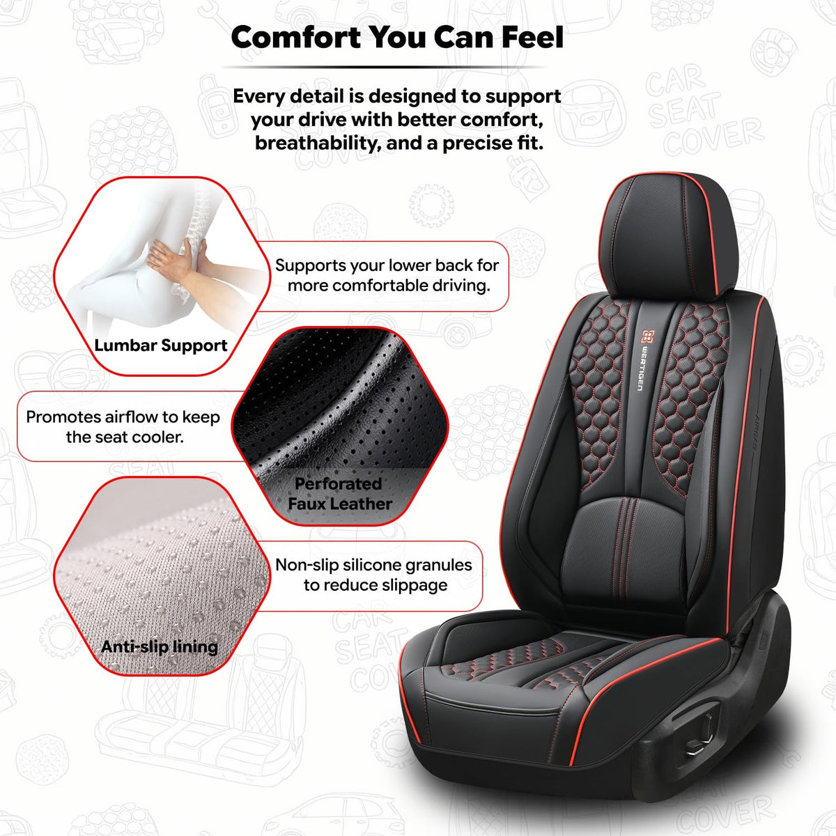 Black and Red Leather Car Seat Cover Set with Lumbar Support L472