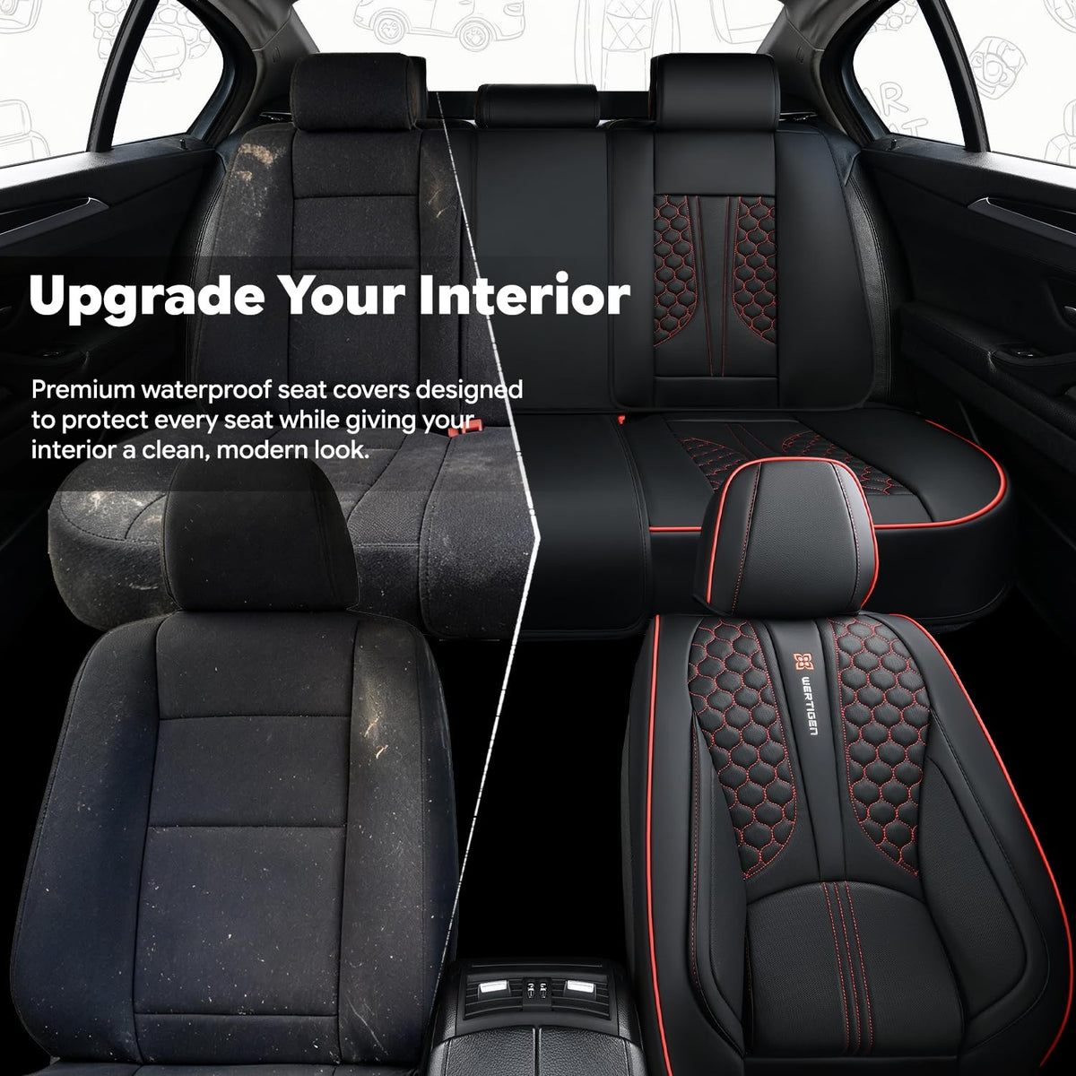 Black and Red Leather Car Seat Cover Set with Lumbar Support L472
