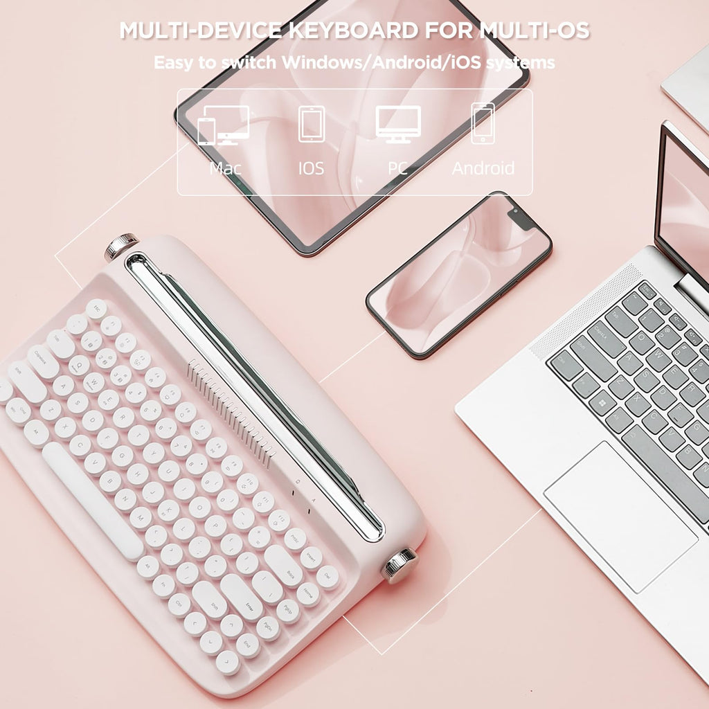 Wireless Retro Typewriter Bluetooth Keyboard Baby Pink Y53080