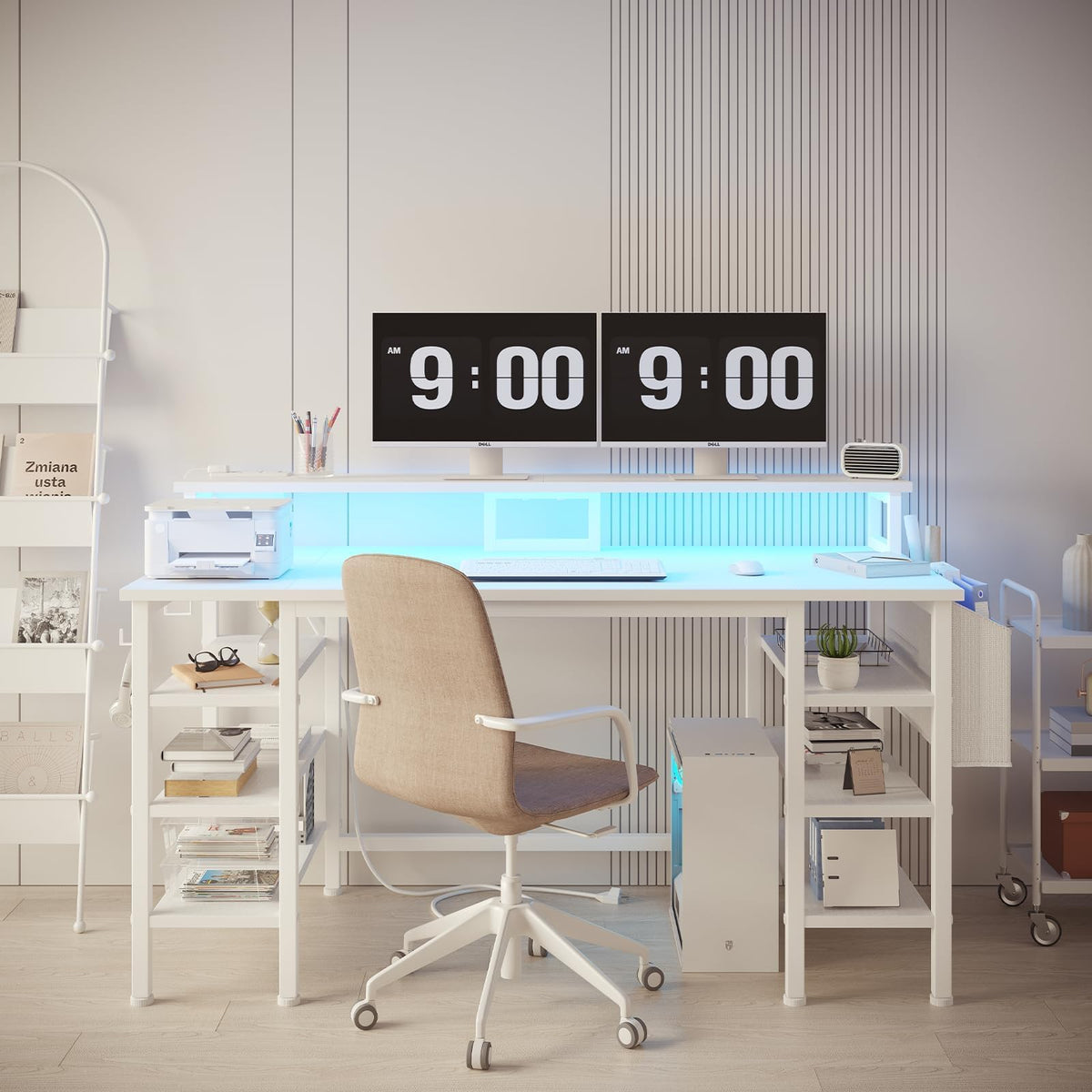 White Desk with Storage Shelves and Power Outlets V955974