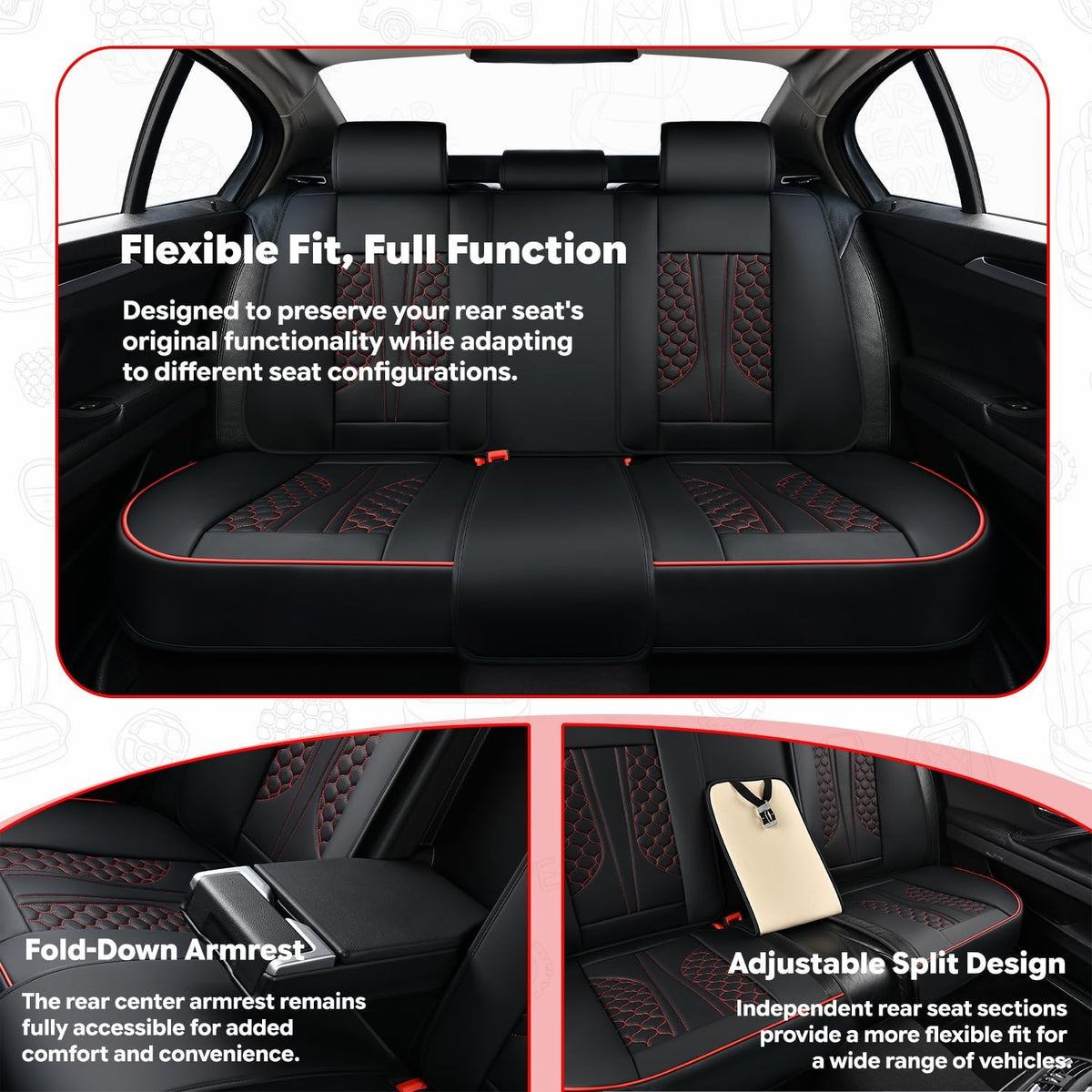Black and Red Leather Car Seat Cover Set with Lumbar Support L472
