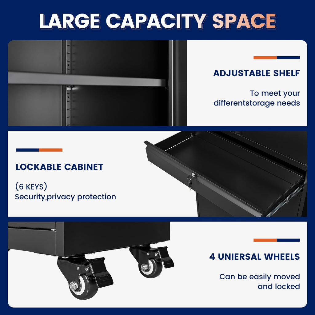 Black Metal Rolling Storage Cabinet with Locking Doors and 1 Drawer M702