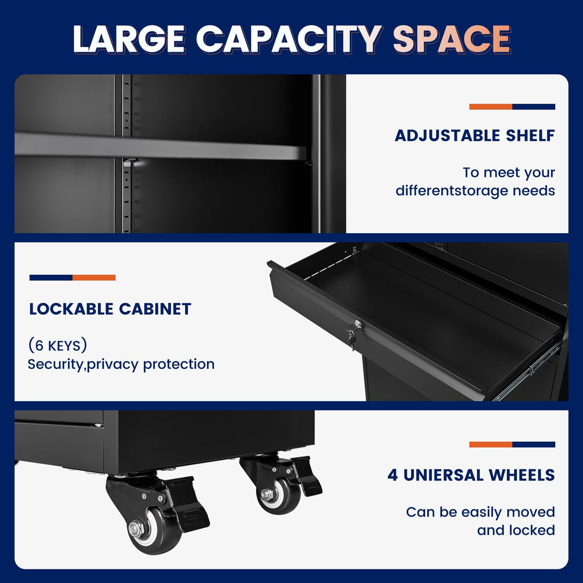 Black Metal Rolling Storage Cabinet with Locking Doors and 1 Drawer M702
