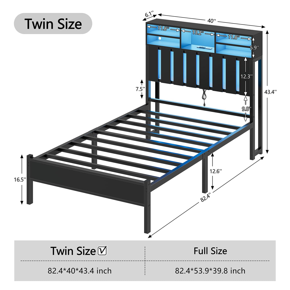 Twin Size Bed Frame with Storage Headboard and LED Lights H505