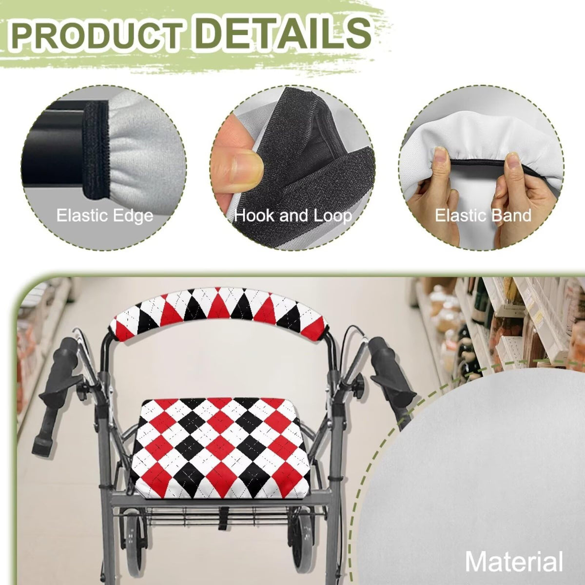 Red Diamond Pattern Rollator Walker Seat & Backrest Covers Set W80753