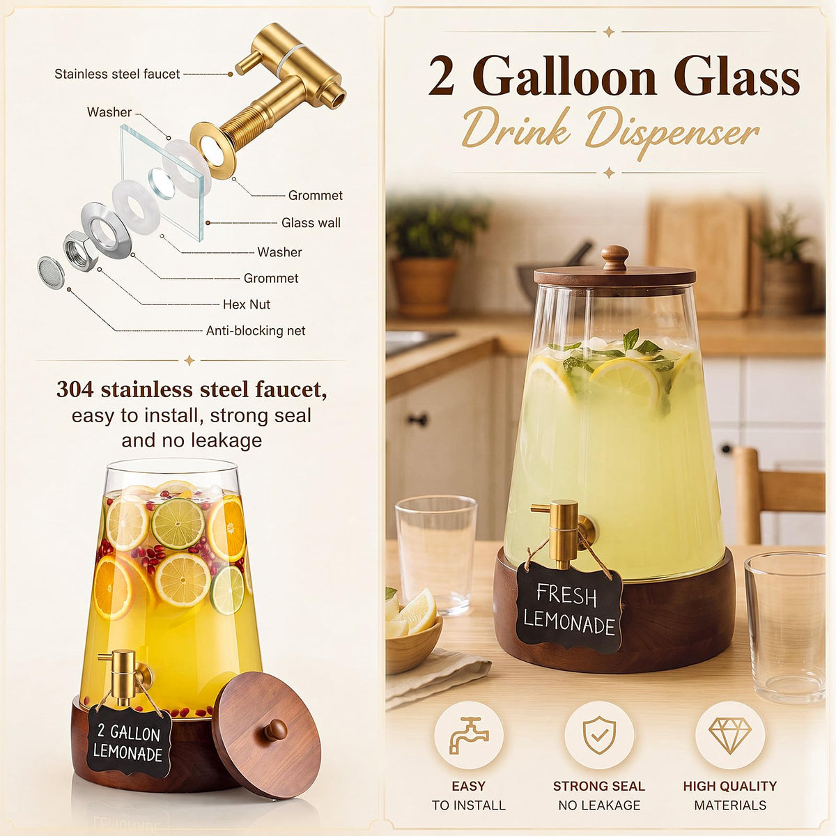 2 Sets 2 Gallon Glass Drink Dispenser with Wooden Base Stand E724
