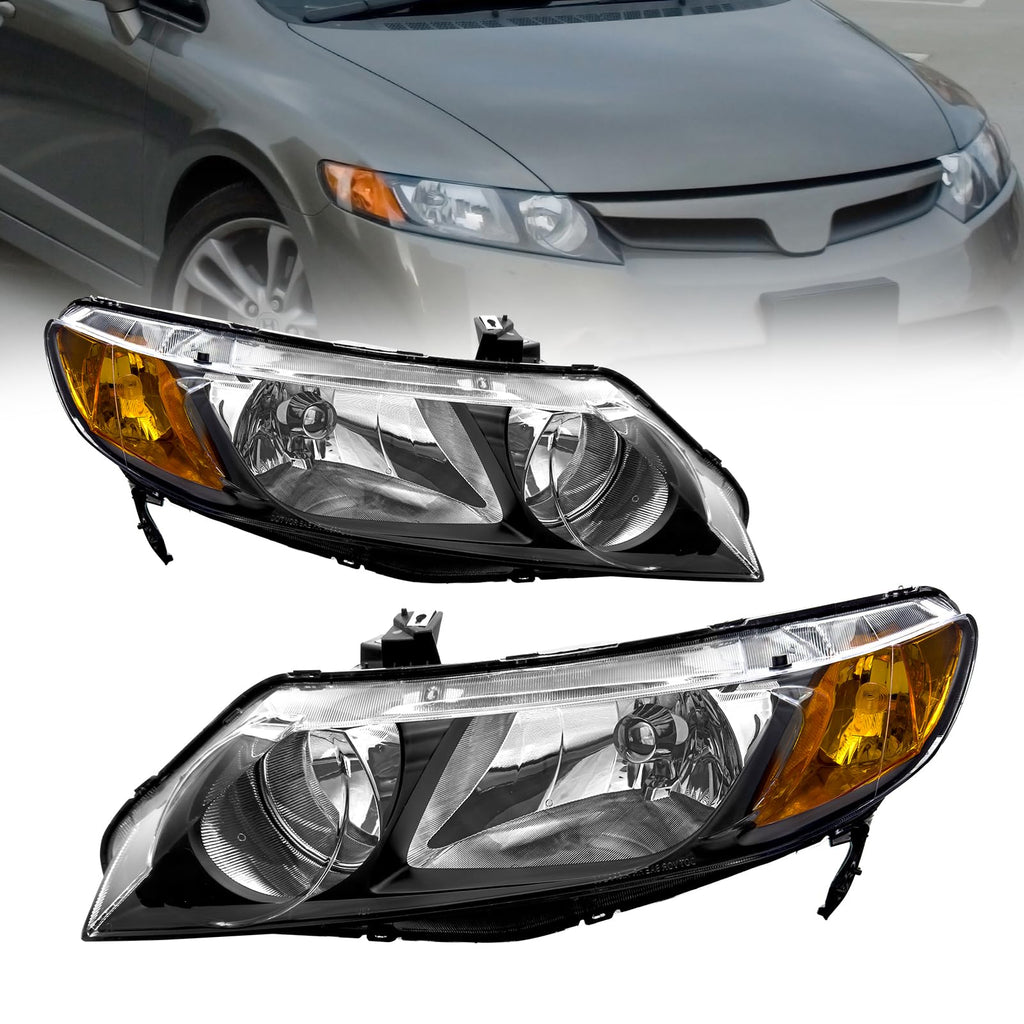 2006-2011 Honda Civic Black Clear Headlights Assembly Pair T3748