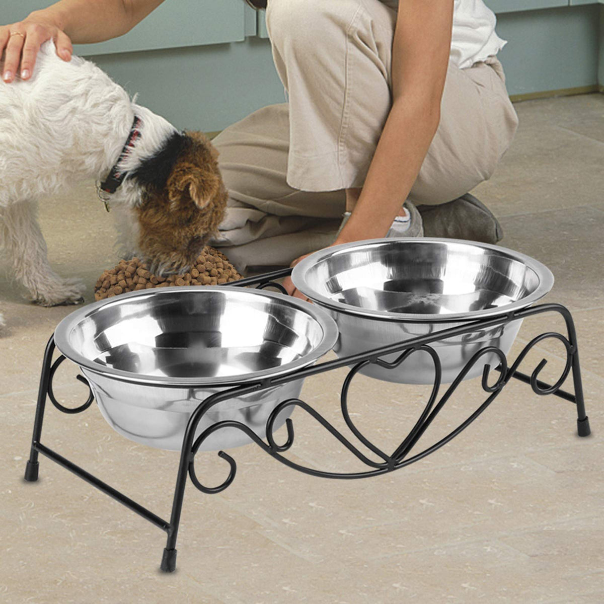 Double Stainless Steel Elevated Dog Bowls with Iron Stand A26155