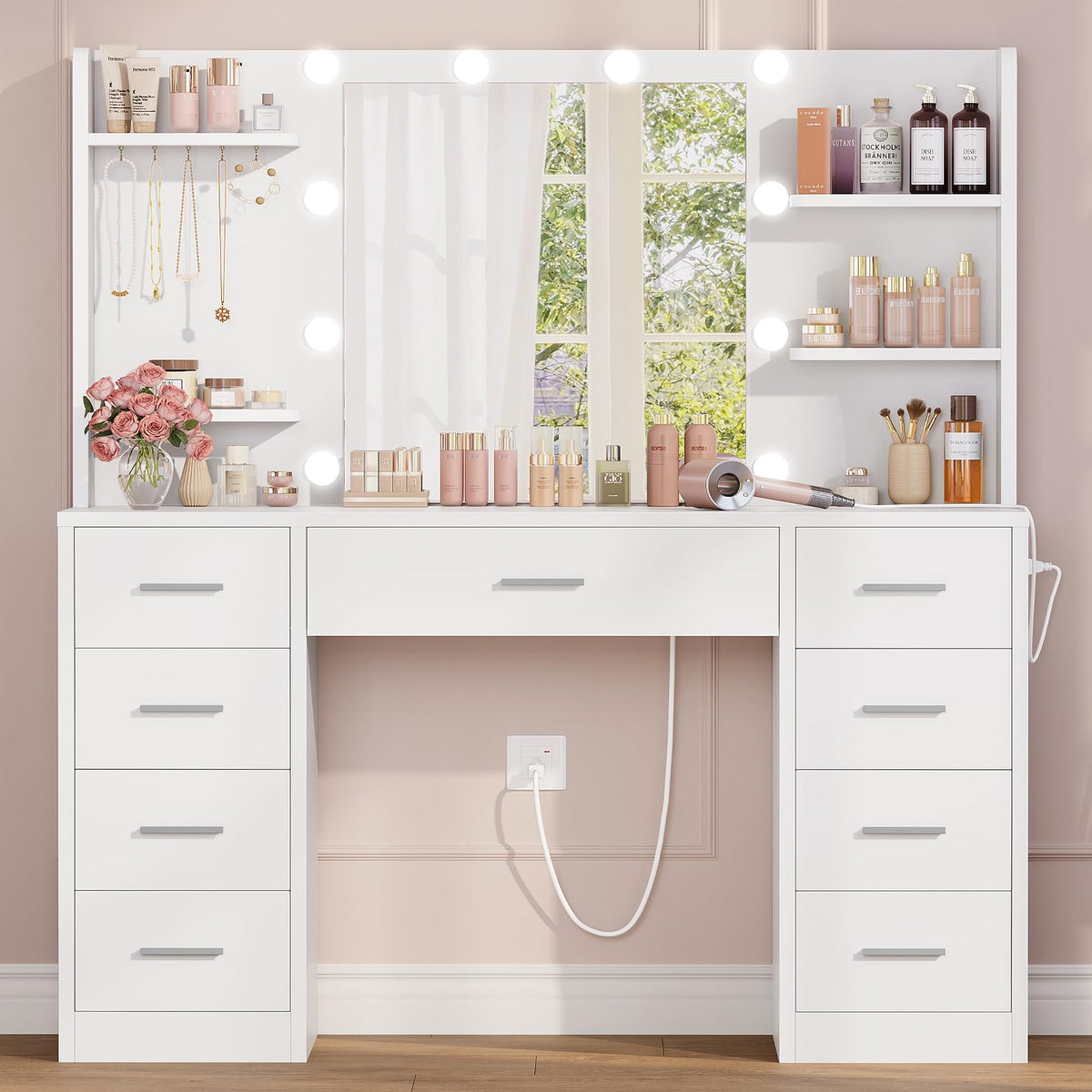 White Vanity Desk with Mirror and Lights, 9 Drawers, Outlet E1094