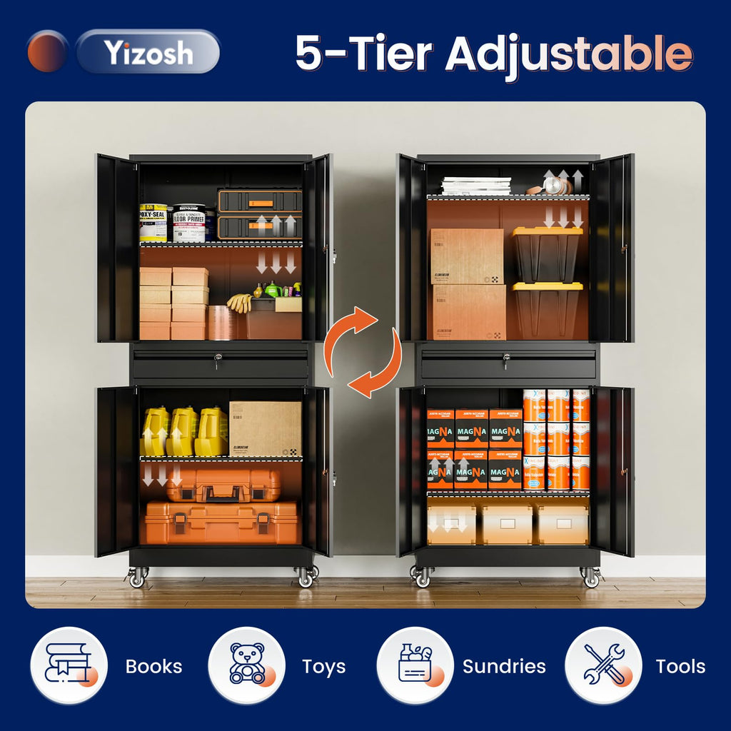 Black Metal Rolling Storage Cabinet with Locking Doors and 1 Drawer M702