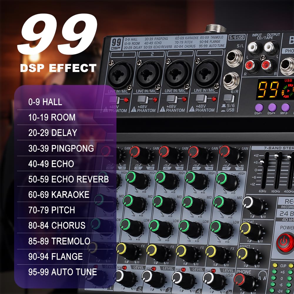 6 Channel DJ Audio Mixer with 99 DSP Effects V79376