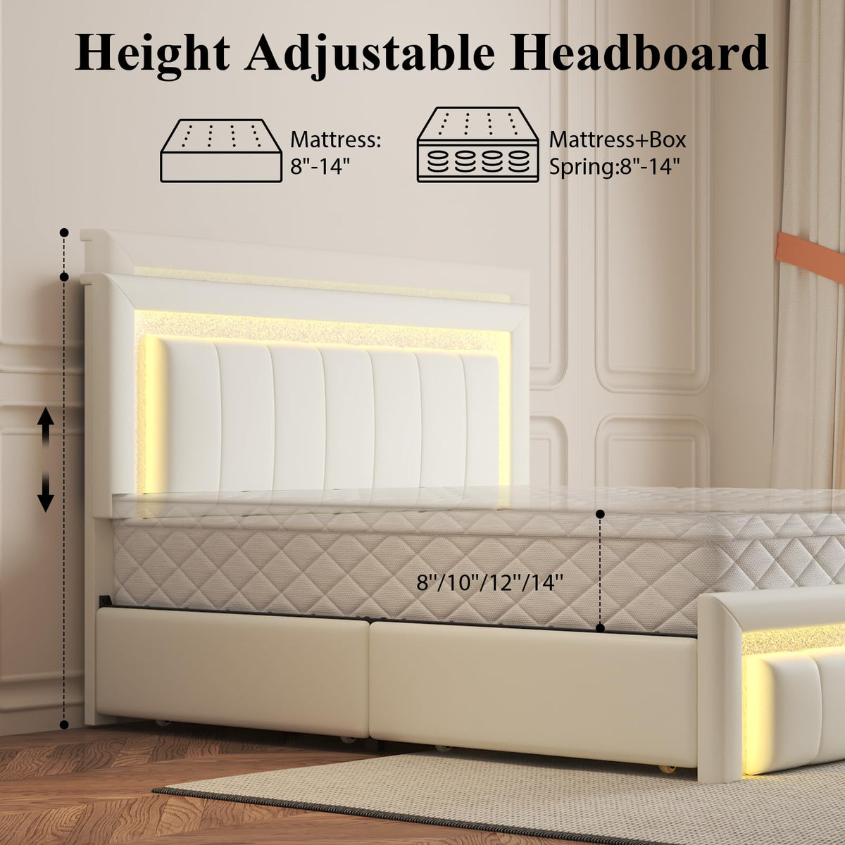 White Upholstered Full Bed Frame with Storage Drawers C16139