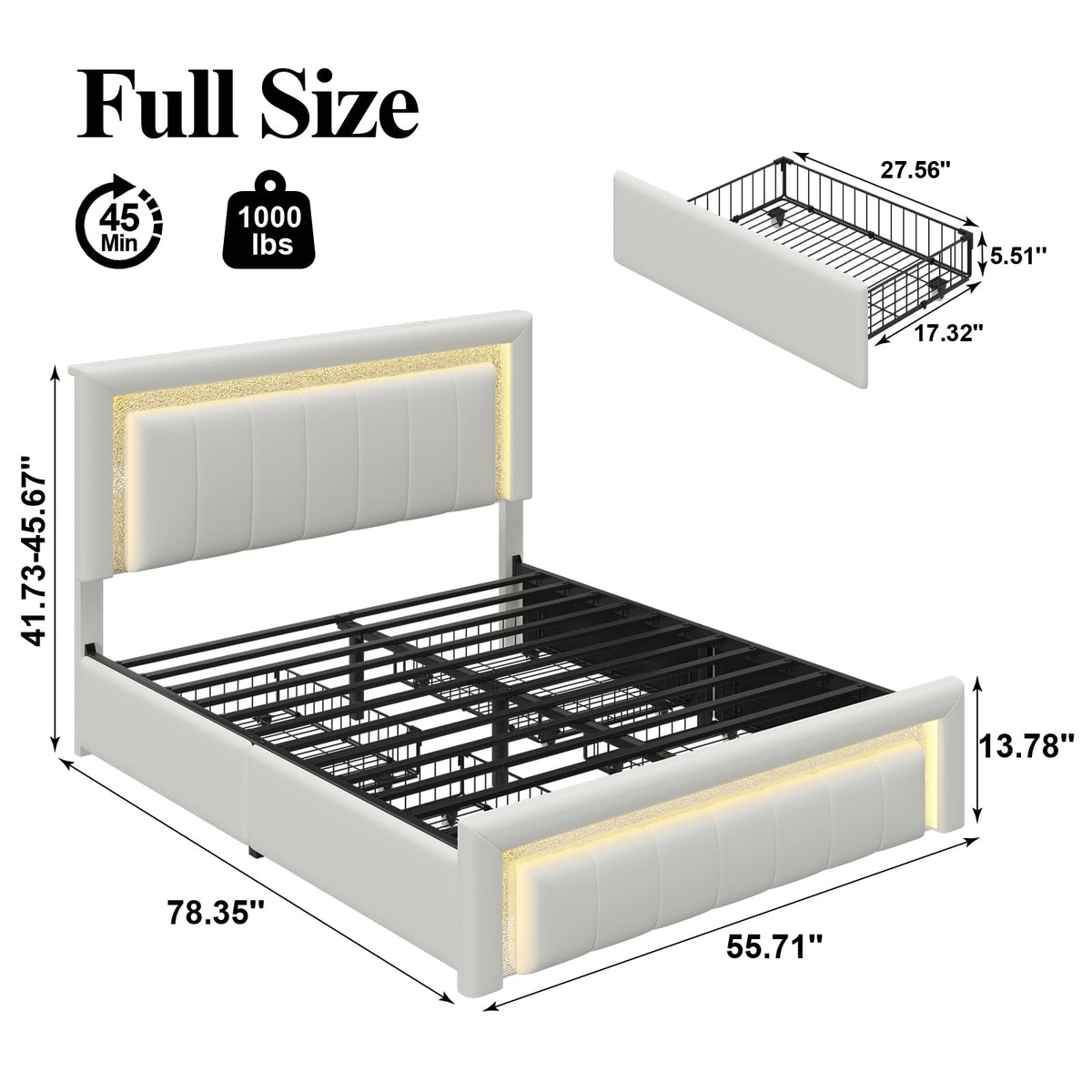 White Upholstered Full Bed Frame with Storage Drawers C16139