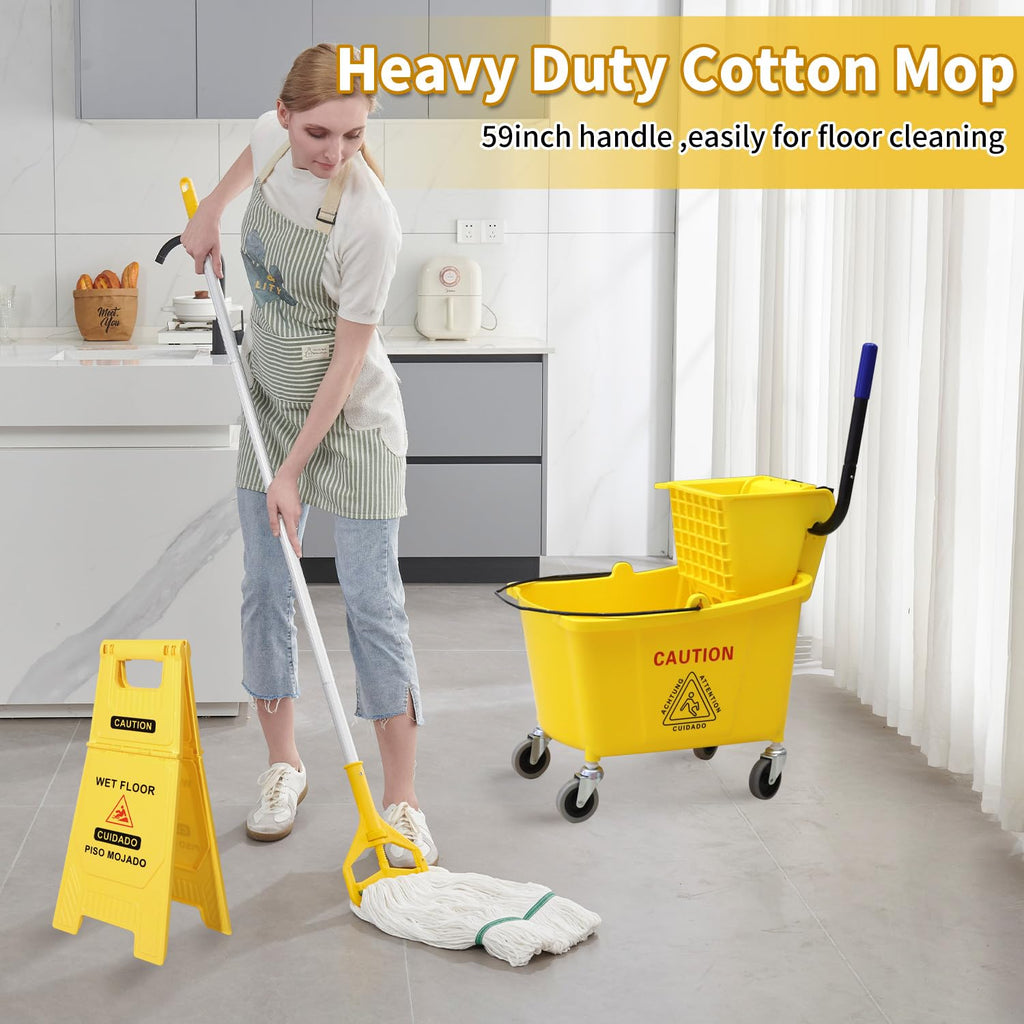 Commercial Mop Bucket with Wringer on Wheels, 35 Quart, Yellow W78230