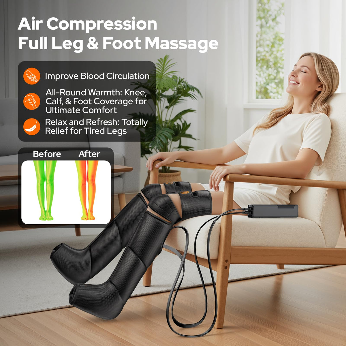 Air Compression Leg Massager with Heat, 6 Modes, 9 Intensities Q709